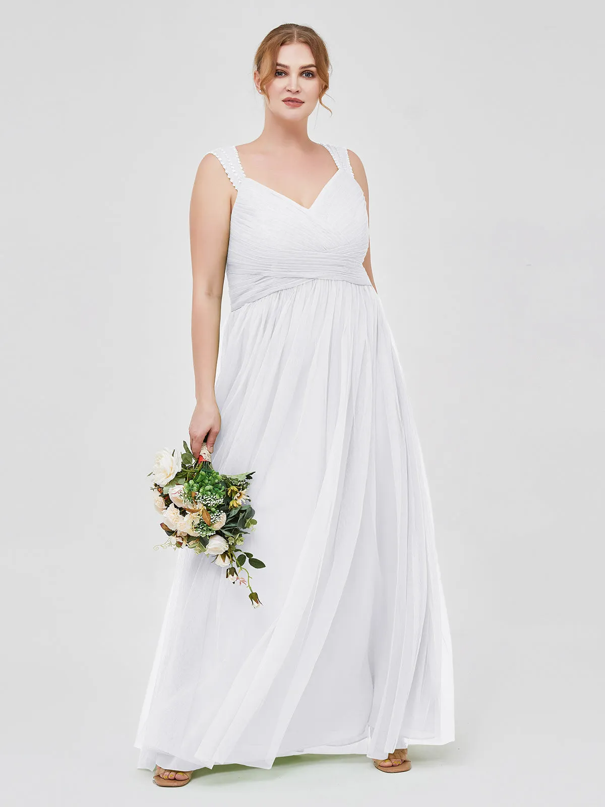 Cross-Pleated Tulle Long Dresses with Beaded Straps White