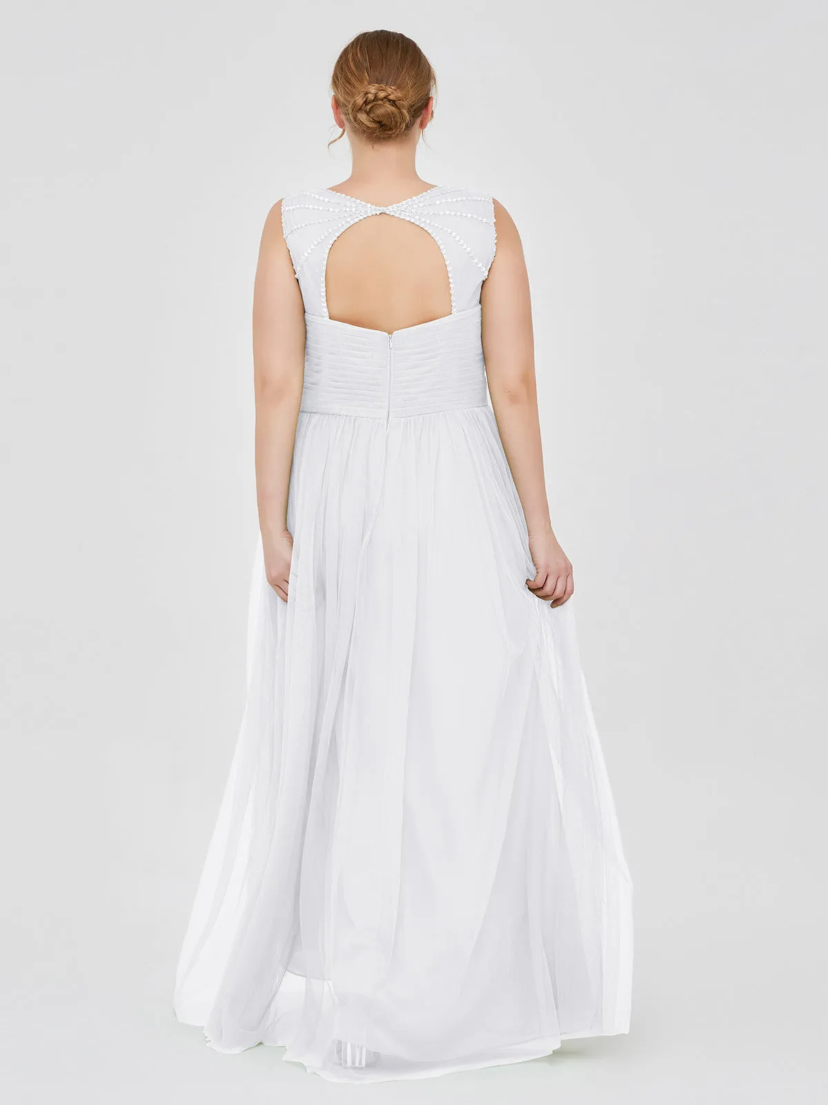 Cross-Pleated Tulle Long Dresses with Beaded Straps White
