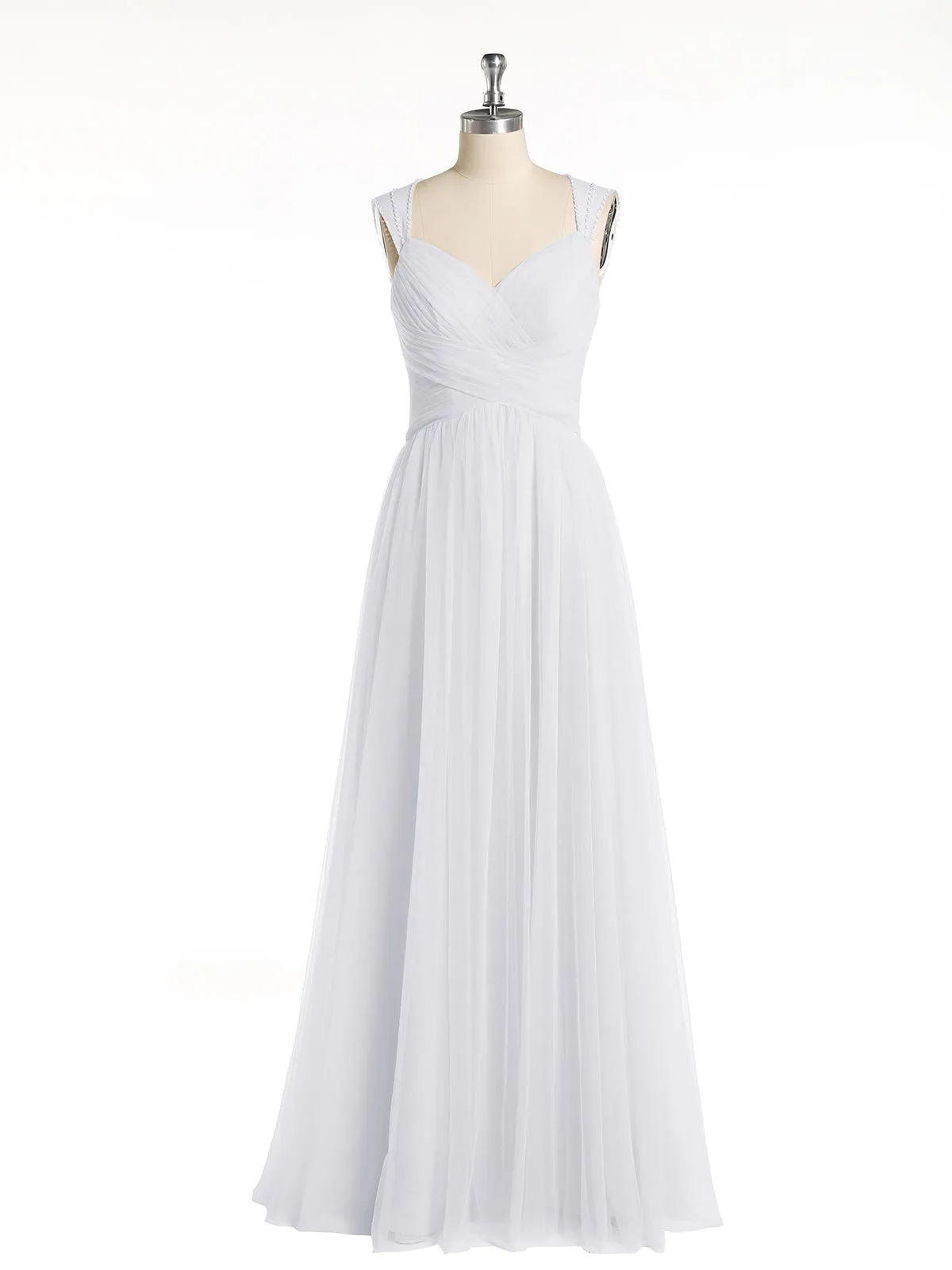 Cross-Pleated Tulle Long Dresses with Beaded Straps White