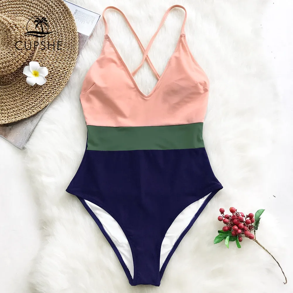 CUPSHE Cross Block One-piece Swimsuit Women V-neck Backless Patchwork Monokini 2022 Girl Beach Adjustable Btahing Suits Swimwear
