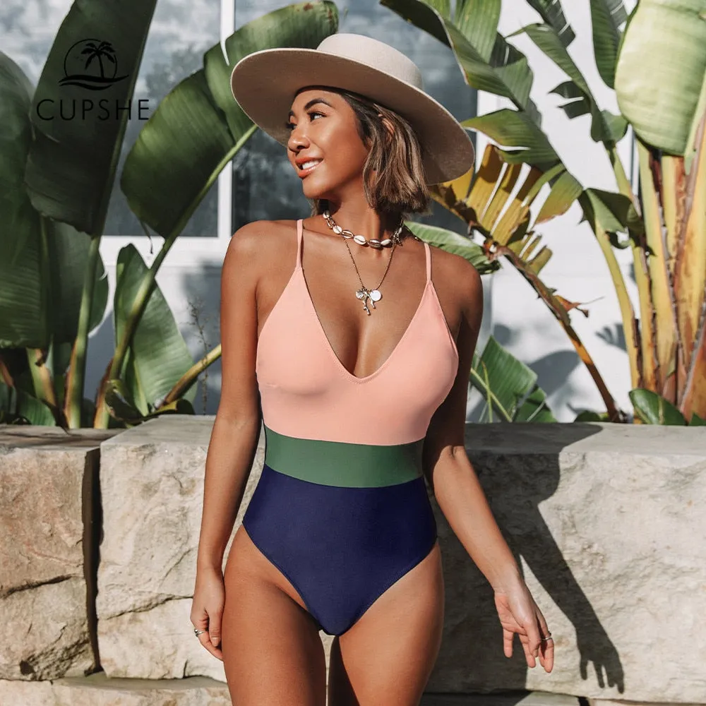 CUPSHE Cross Block One-piece Swimsuit Women V-neck Backless Patchwork Monokini 2022 Girl Beach Adjustable Btahing Suits Swimwear