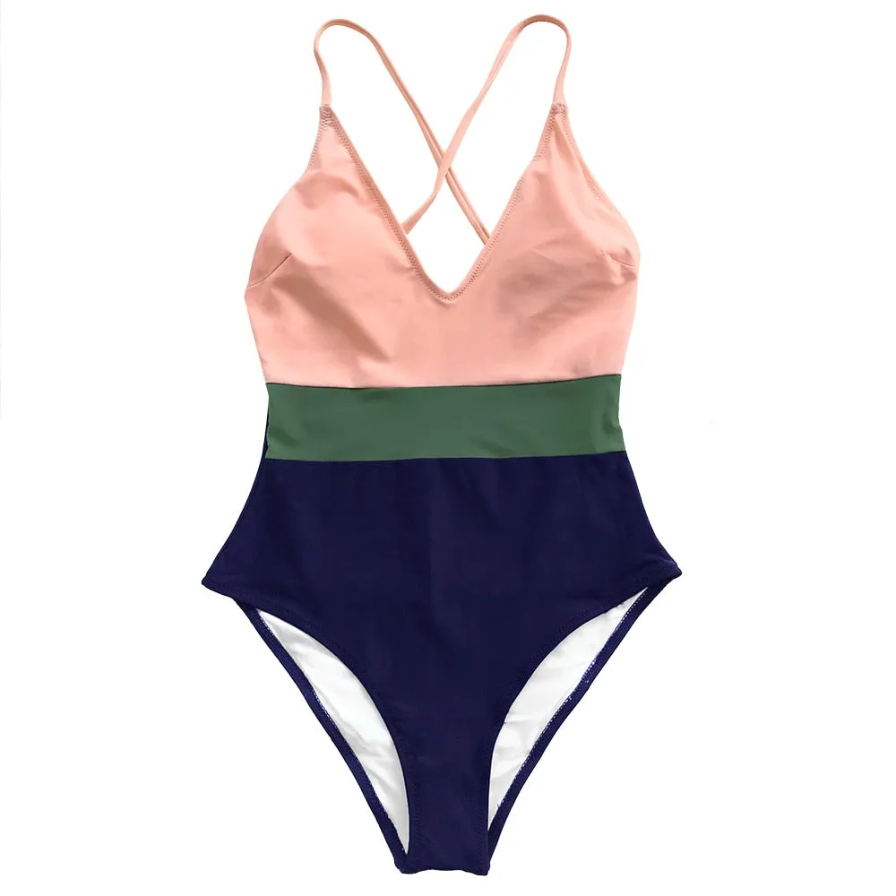CUPSHE Cross Block One-piece Swimsuit Women V-neck Backless Patchwork Monokini 2022 Girl Beach Adjustable Btahing Suits Swimwear