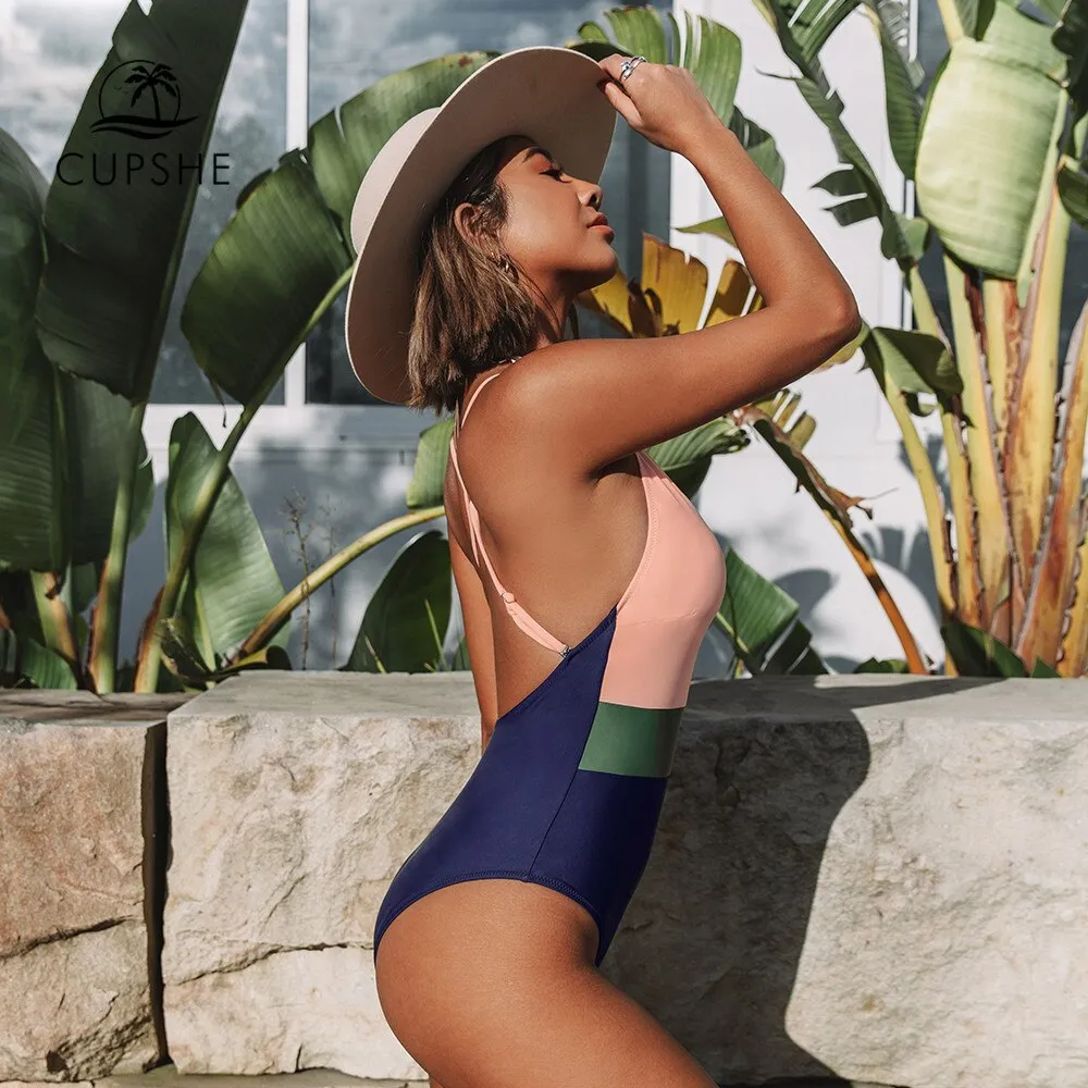CUPSHE Cross Block One-piece Swimsuit Women V-neck Backless Patchwork Monokini 2022 Girl Beach Adjustable Btahing Suits Swimwear