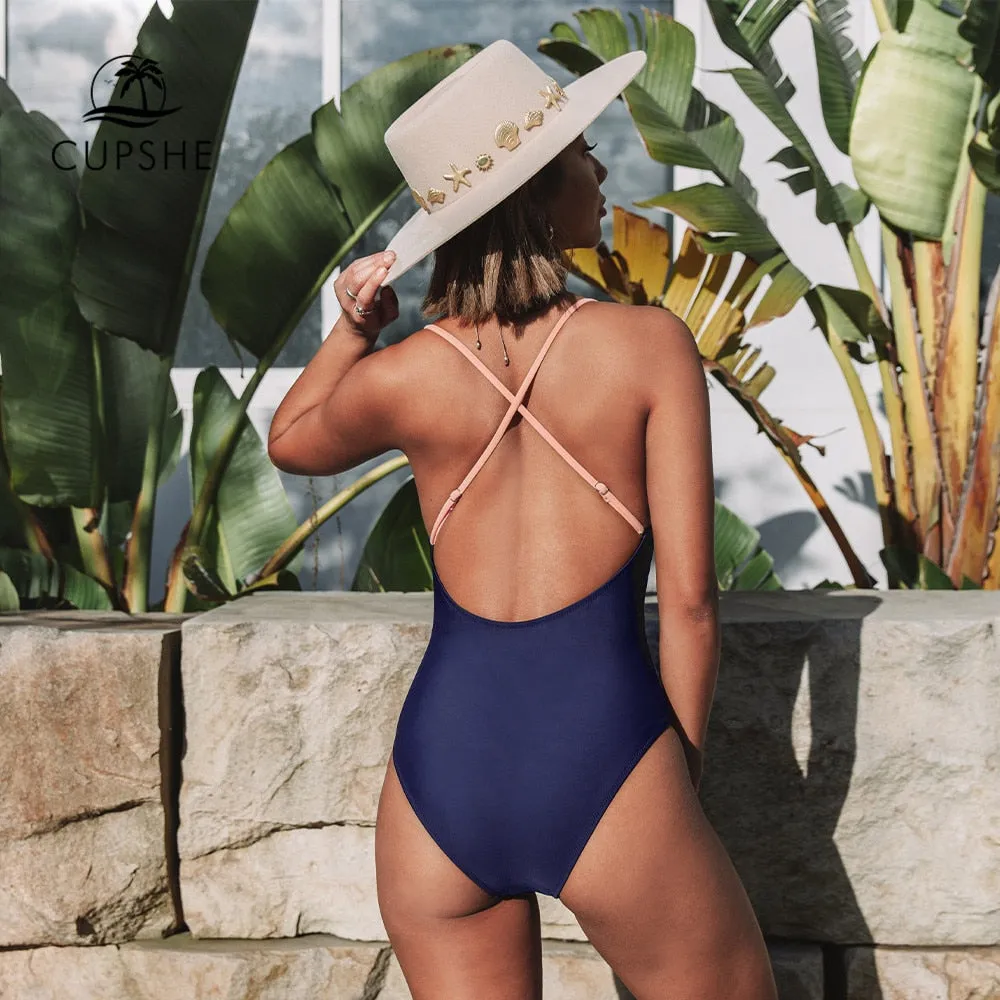 CUPSHE Cross Block One-piece Swimsuit Women V-neck Backless Patchwork Monokini 2022 Girl Beach Adjustable Btahing Suits Swimwear