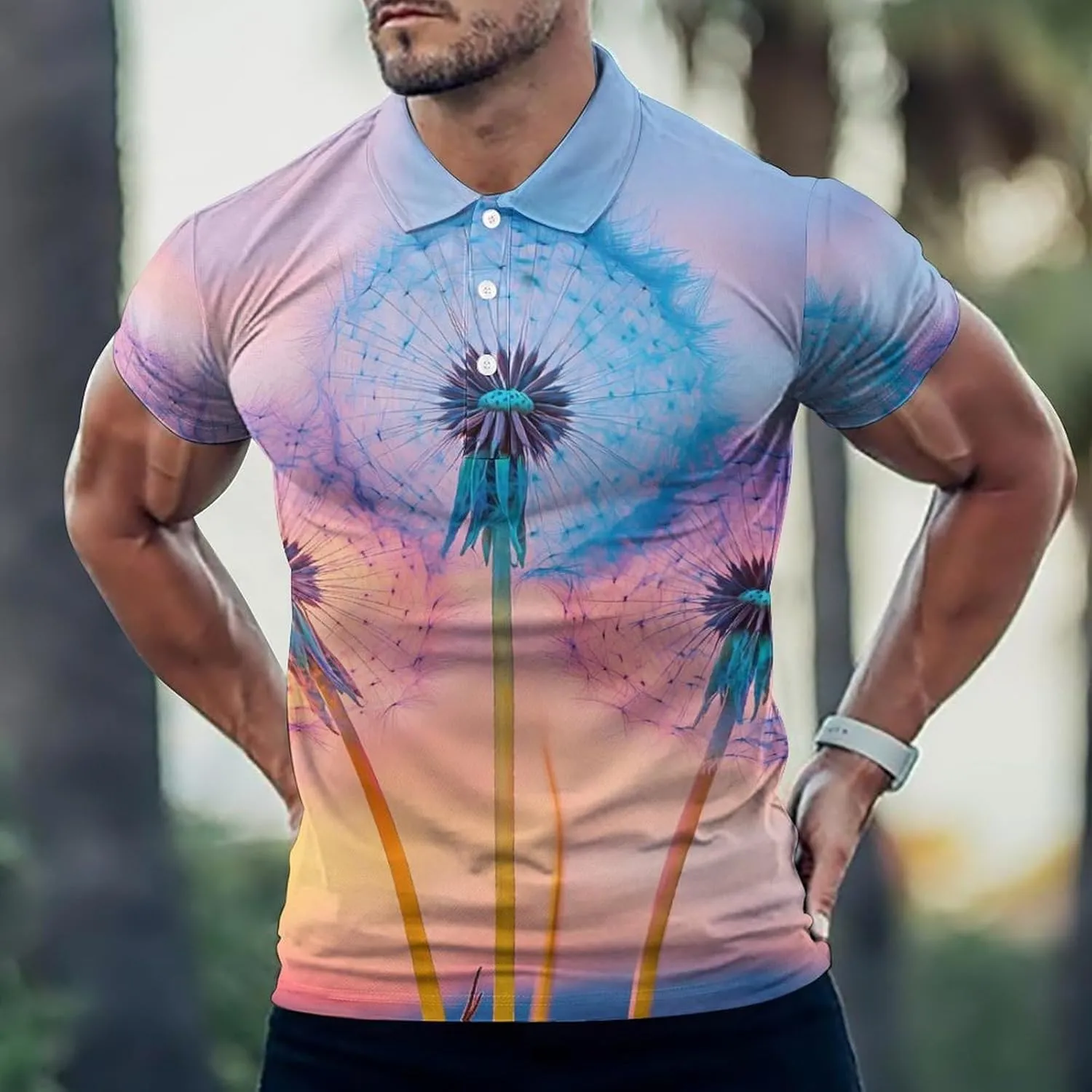Dandelion Sunset Slim Fit Men's Short Sleeve Polo Shirts Quick-Dry Breathable Golf T-Shirt Tops