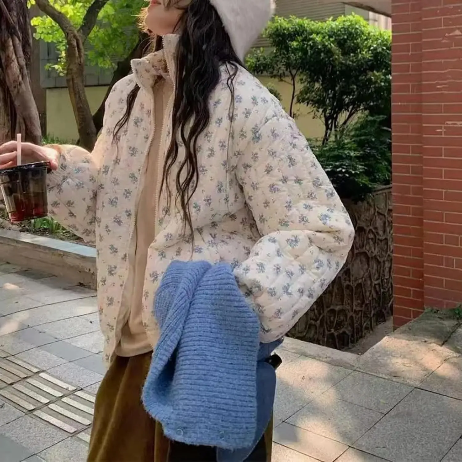 Dawery Floral Print Cotton Parkas Coat Stand Collar Zipper Padded Overcoat Female Quilted Jackets Outerwear Winter Clothes