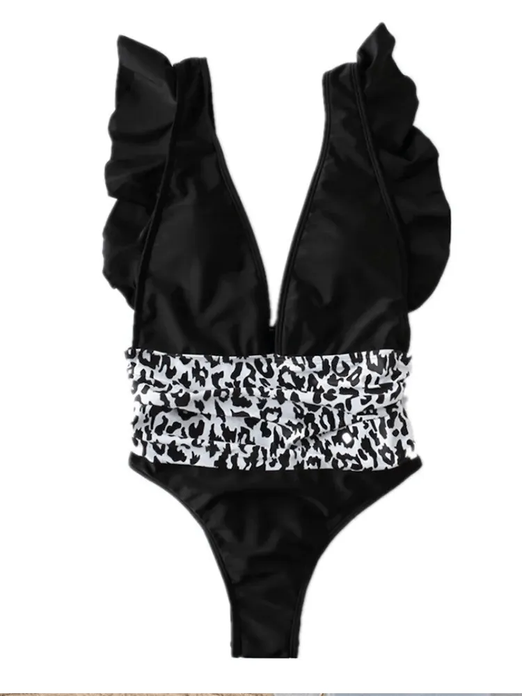 Deep V Ruffle Monokini  Stylish One-Piece Swimsuit