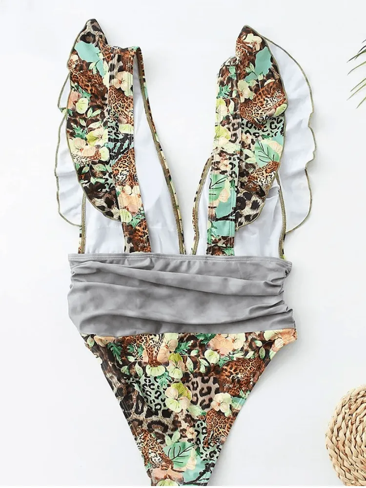 Deep V Ruffle Monokini  Stylish One-Piece Swimsuit