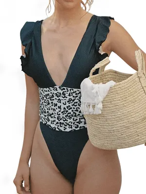 Deep V Ruffle Monokini  Stylish One-Piece Swimsuit