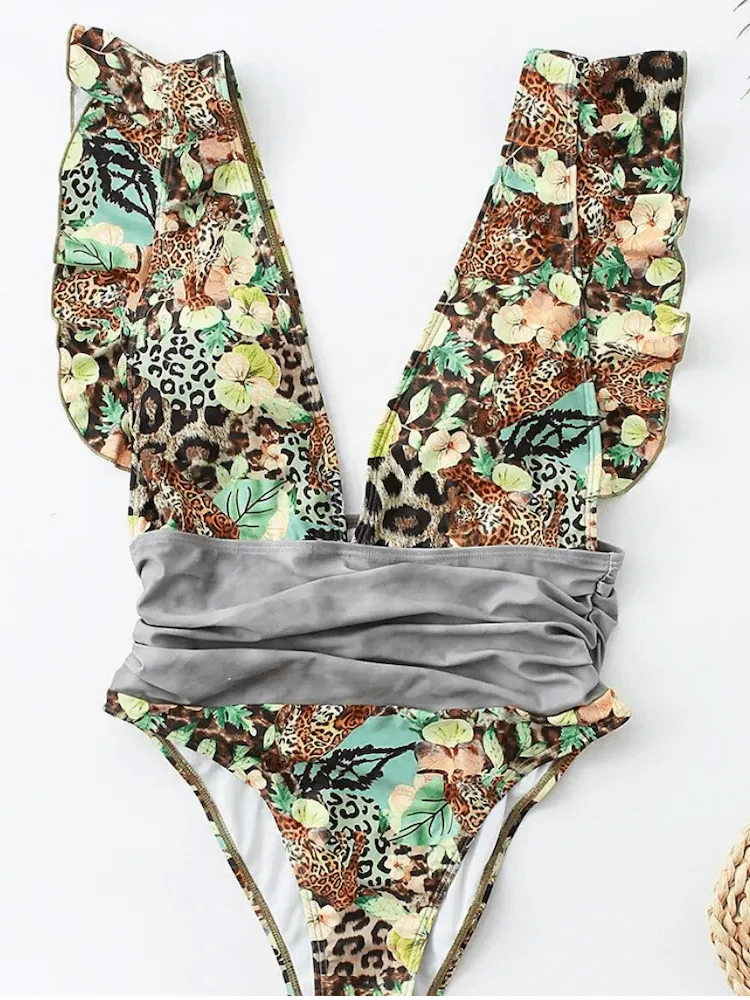 Deep V Ruffle Monokini  Stylish One-Piece Swimsuit