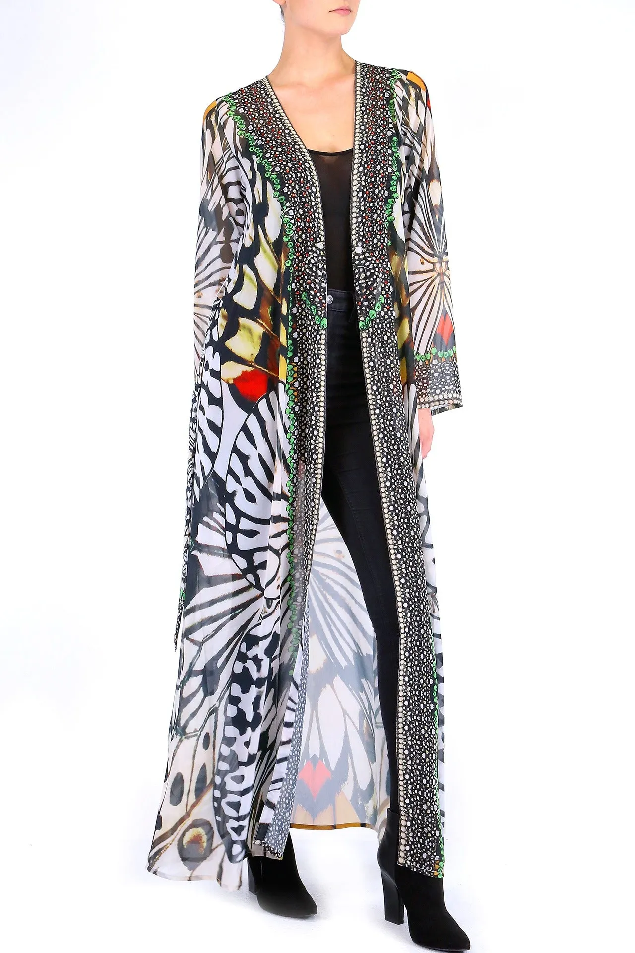 Designer Animal Print Long Duster In White Tiger