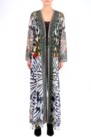 Designer Animal Print Long Duster In White Tiger