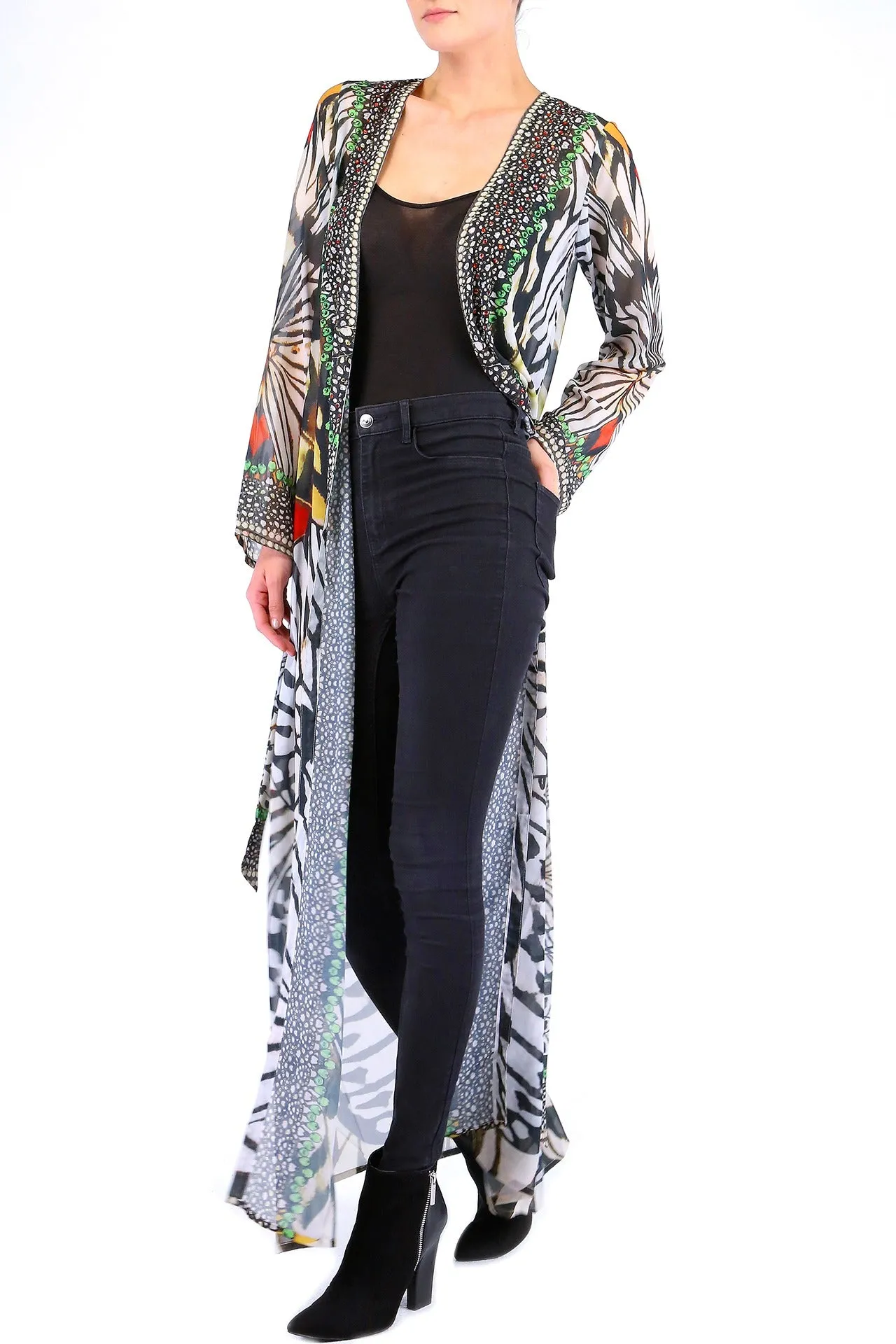Designer Animal Print Long Duster In White Tiger