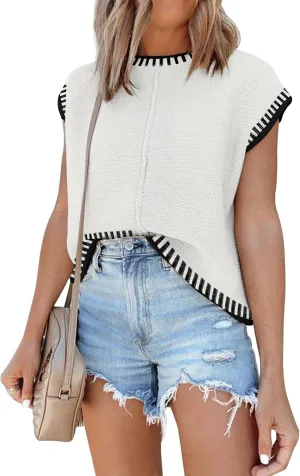 Disamer Womens Summer Cap Sleeve Tops Sleeveless Sweater Vest Casual Loose Fit Striped Knit Lightweight Pullover