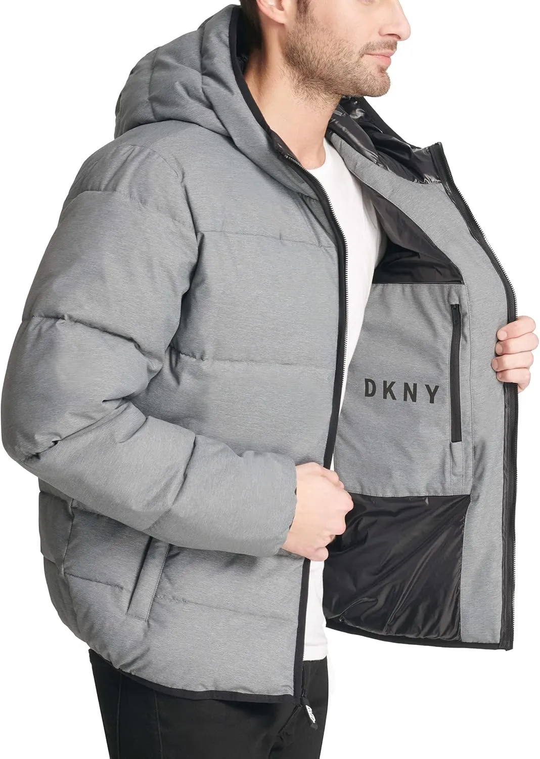 DKNY Men's Water Resistant Ultra Loft Hooded Logo Puffer Jacket (Standard and Big & Tall)