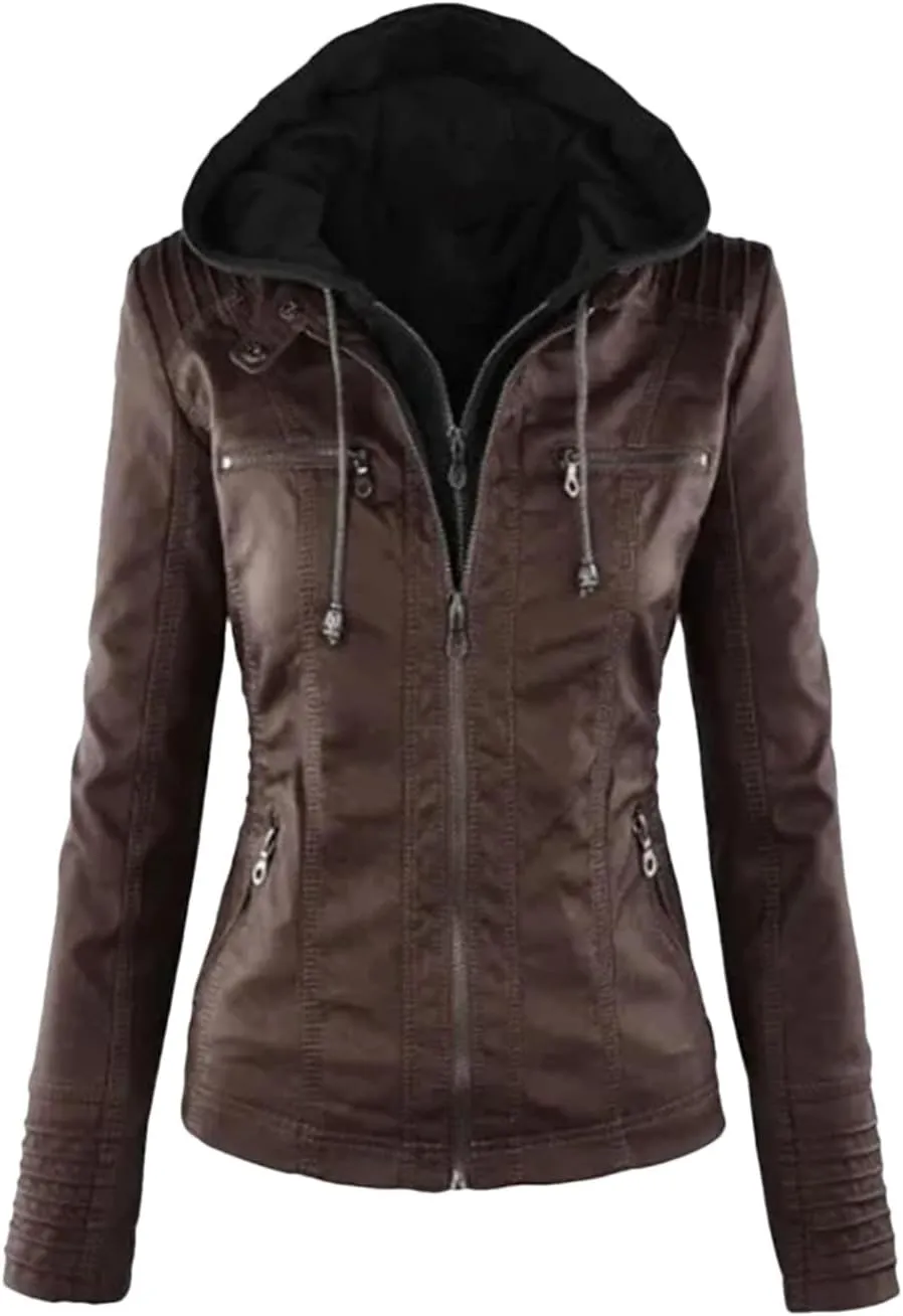 Dninmim Women Leather Jacket Coat Female Winter Motorcycle Jacket Zipper Hoodies Outwear