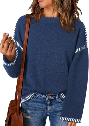 Dokotoo Sweaters for Women Fashion Solid Crewneck Loose Fit Long Sleeve Contrast Cable Knit Pullover Sweater Jumper Tops