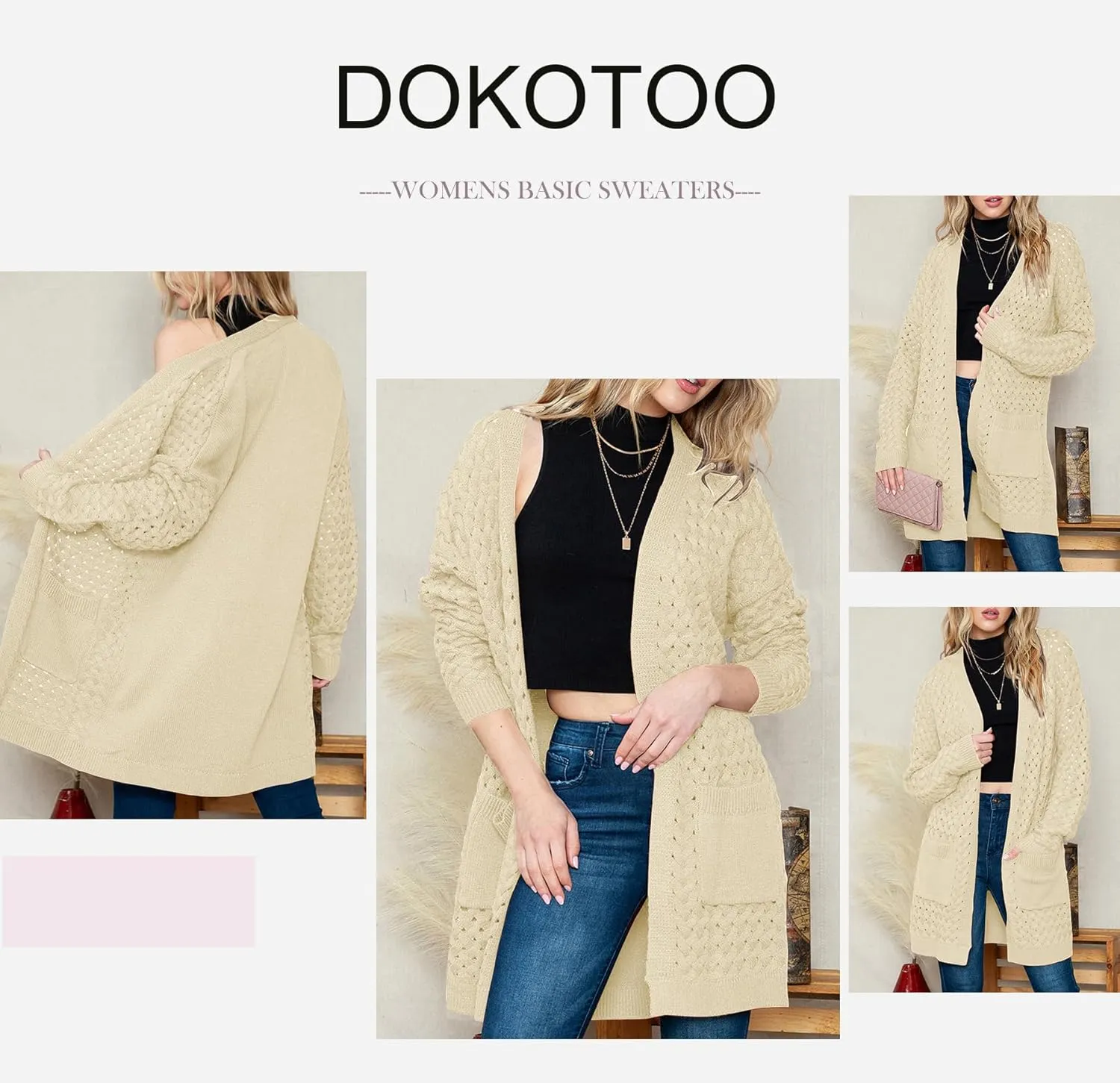 Dokotoo Women's 2024 Fashion Casual Open Front Long Sleeve Chunky Cable Knit Cardigans Sweaters Outerwear Coats with Pockets