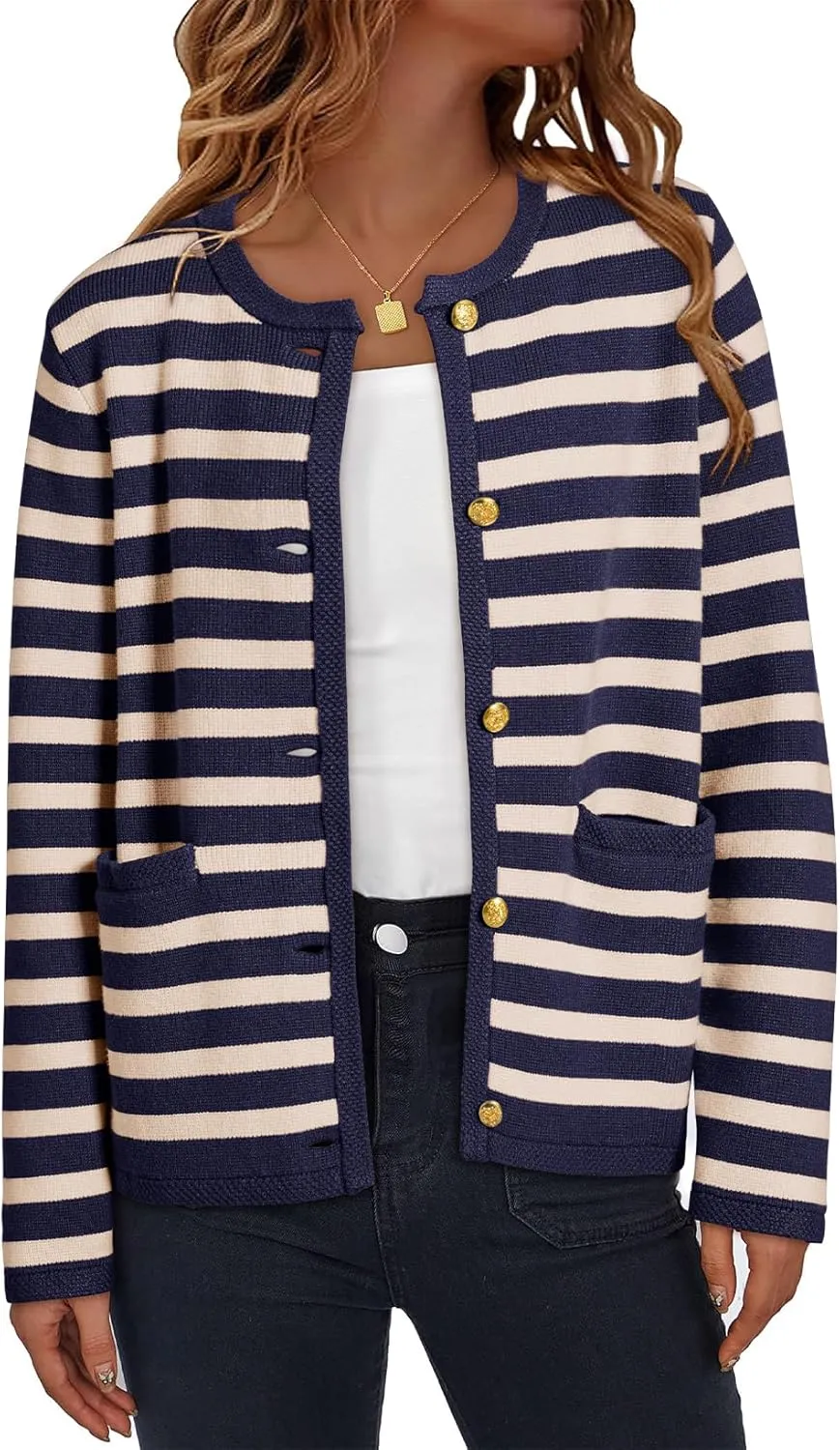 Dokotoo Women's 2025 Fashion Casual Crew Neck Open Front Long Sleeve Chunky Knit Striped Cardigans Sweaters Outerwear Coats