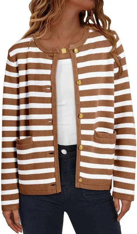 Dokotoo Women's 2025 Fashion Casual Crew Neck Open Front Long Sleeve Chunky Knit Striped Cardigans Sweaters Outerwear Coats