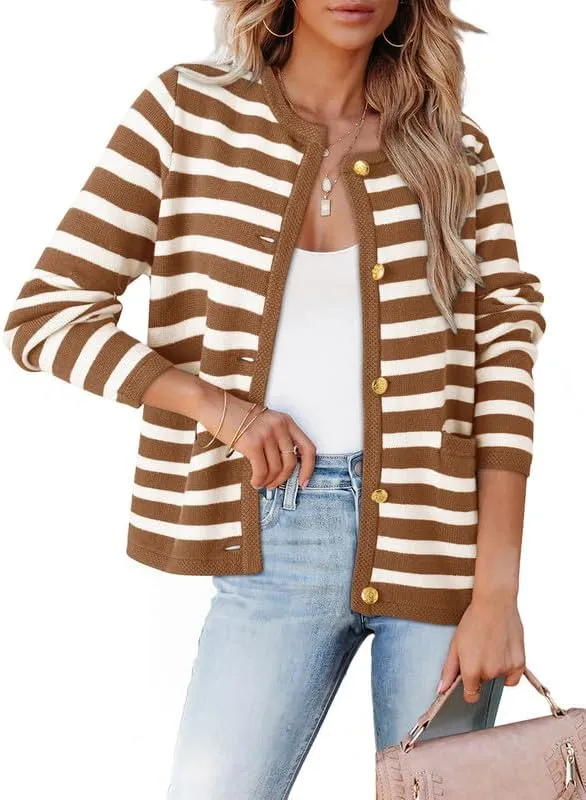 Dokotoo Women's 2025 Fashion Casual Crew Neck Open Front Long Sleeve Chunky Knit Striped Cardigans Sweaters Outerwear Coats
