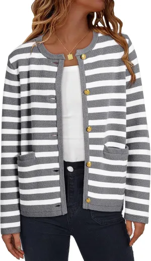 Dokotoo Women's 2025 Fashion Casual Crew Neck Open Front Long Sleeve Chunky Knit Striped Cardigans Sweaters Outerwear Coats