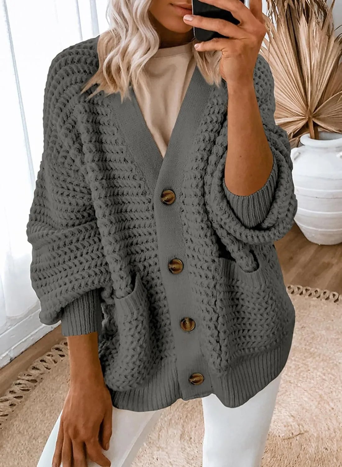 Dokotoo Women's 2025 Fashion Casual Open Front Long Sleeve Chunky Knit Cardigans Sweaters Outerwear Coats