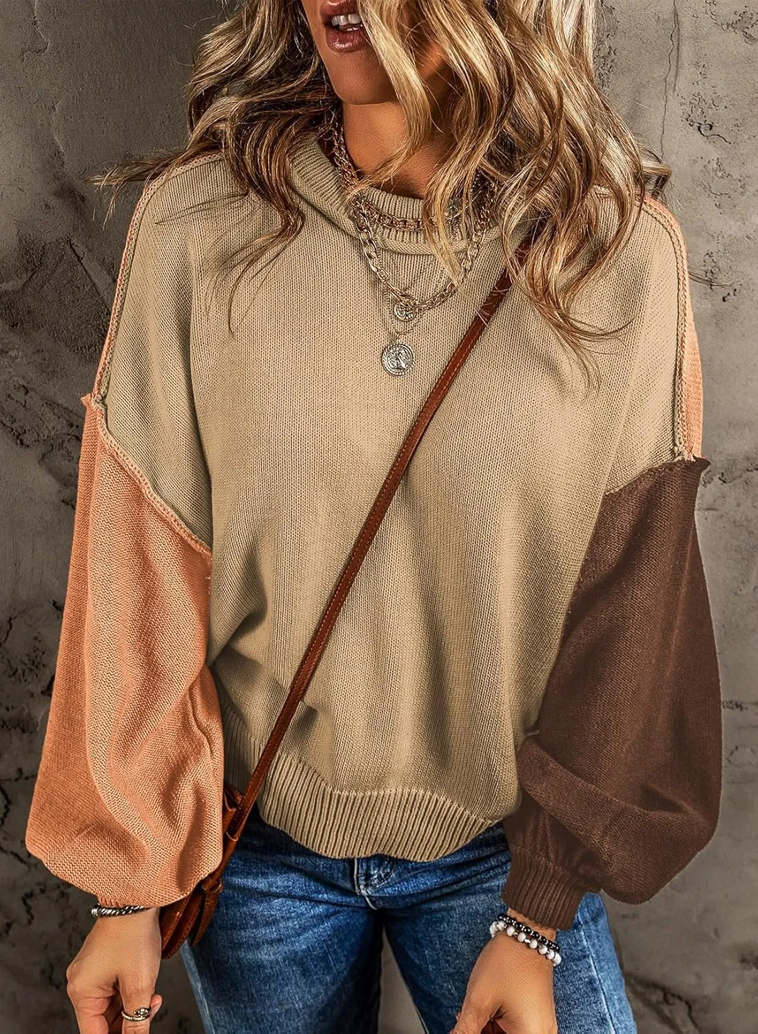 Dokotoo Women's Sweaters Colorblock Crewneck Cotton Long Sleeve Fall Winter Knit Pullover Jumper Tops
