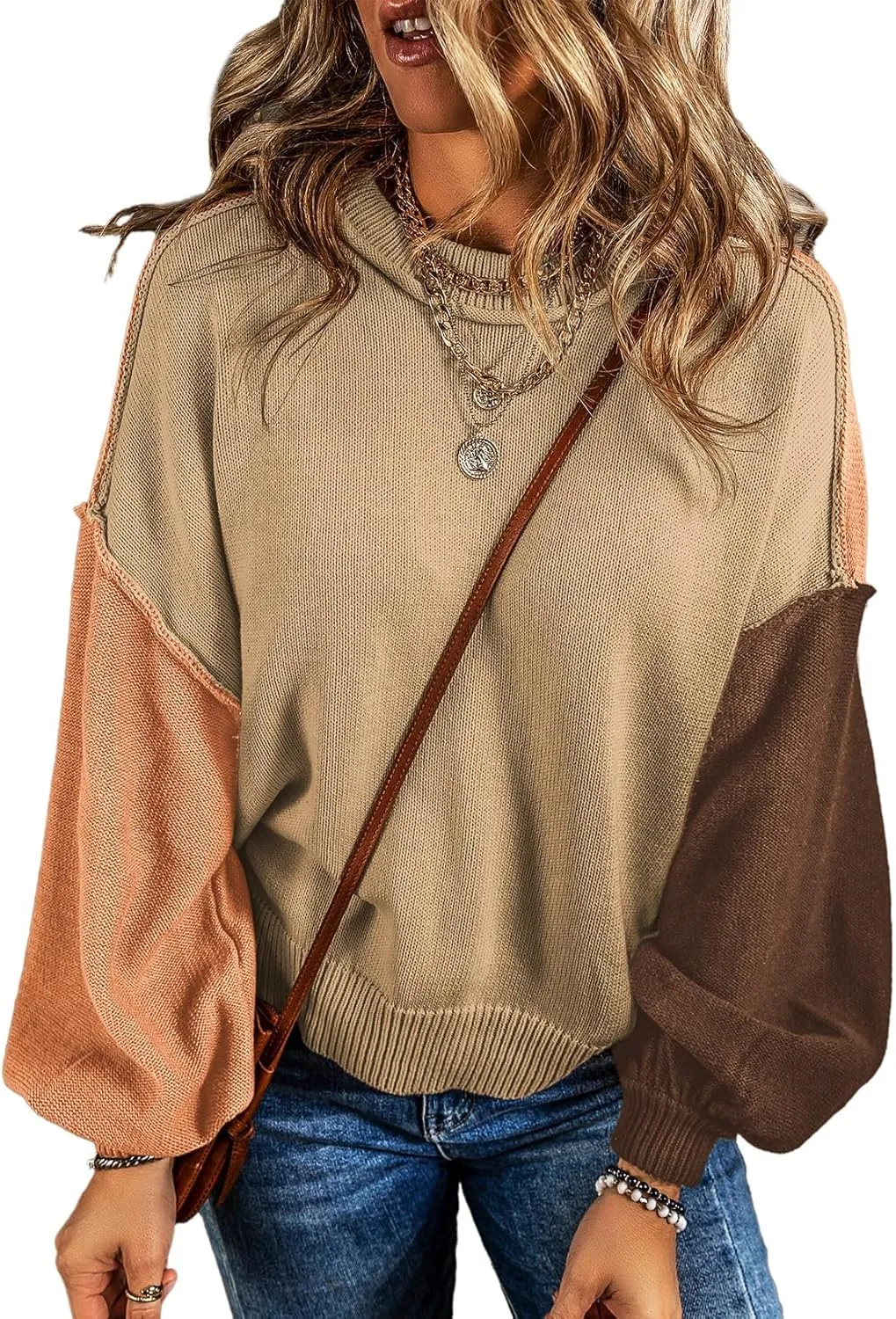 Dokotoo Women's Sweaters Colorblock Crewneck Cotton Long Sleeve Fall Winter Knit Pullover Jumper Tops
