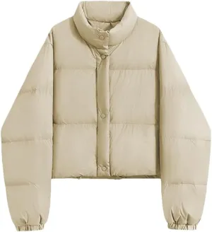 Dvbfufv Women Winter Mock Neck Thicken Down Coat Warm Cotton-Padded Jacket Zipper Buttons Solid Cropped Outwear