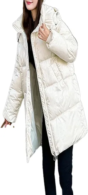 Dvbfufv Women Winter Snowboard Puffer Jacket Solid Hooded Long Parka Coat Female Thicken Warm Cotton Padded Coat