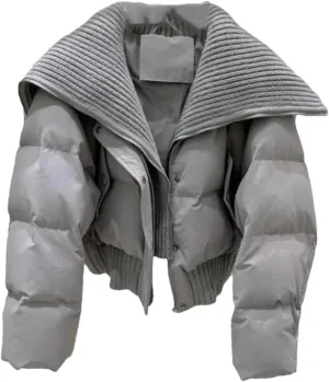 Dvbfufv Women's Winter Cropped Knit Collar Coat Women Thickened Puffer Jacket Loose Warm Cotton-Padded Parka Coats
