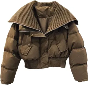 Dvbfufv Women's Winter Cropped Knit Collar Coat Women Thickened Puffer Jacket Loose Warm Cotton-Padded Parka Coats