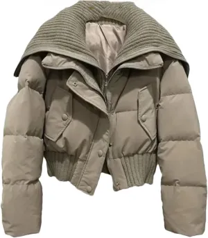 Dvbfufv Women's Winter Cropped Knit Collar Coat Women Thickened Puffer Jacket Loose Warm Cotton-Padded Parka Coats