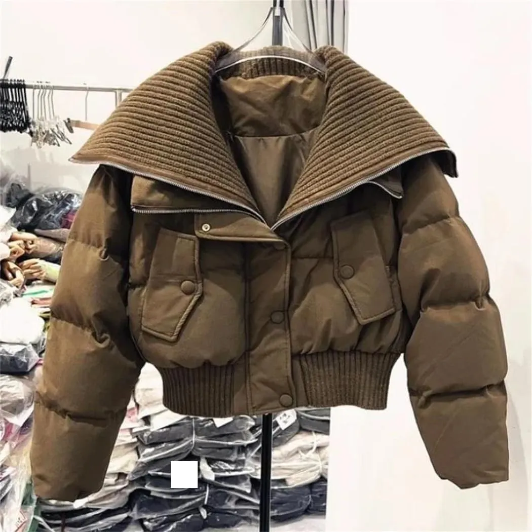Dvbfufv Women's Winter Cropped Knit Collar Coat Women Thickened Puffer Jacket Loose Warm Cotton-Padded Parka Coats