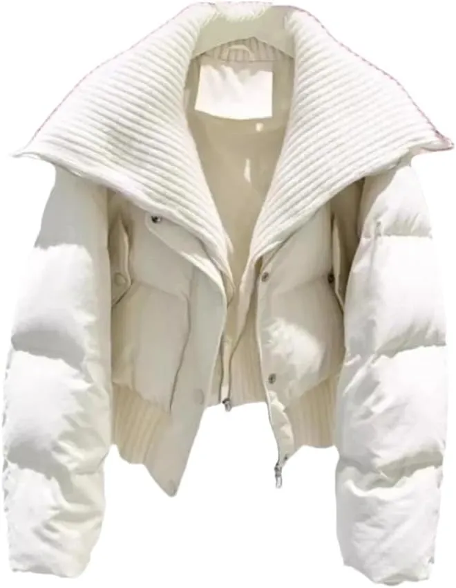 Dvbfufv Women's Winter Cropped Knit Collar Coat Women Thickened Puffer Jacket Loose Warm Cotton-Padded Parka Coats