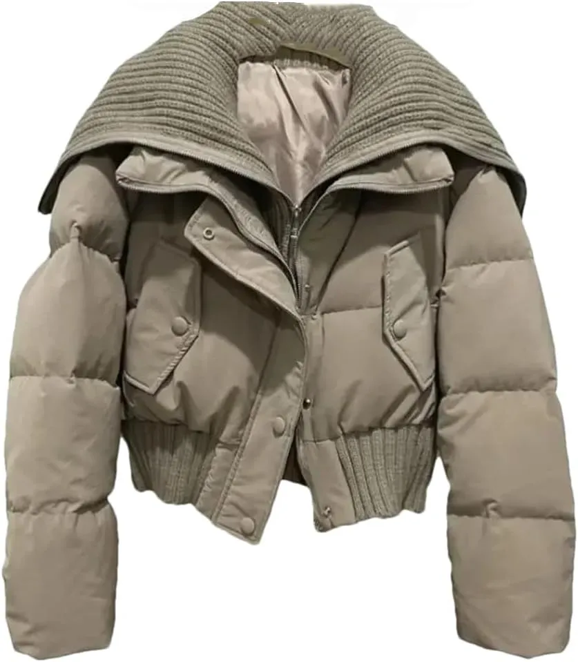 Dvbfufv Women's Winter Cropped Knit Collar Coat Women Thickened Puffer Jacket Loose Warm Cotton-Padded Parka Coats