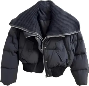 Dvbfufv Women's Winter Cropped Knit Collar Coat Women Thickened Puffer Jacket Loose Warm Cotton-Padded Parka Coats