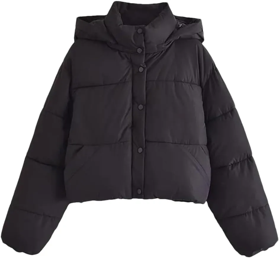 Dvbfufv Women's Winter Puffer Jacket Women Hooded Snowboard Cropped Cotton Padded Parka Jacket Windbreaker Coat