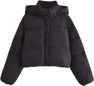 Dvbfufv Women's Winter Puffer Jacket Women Hooded Snowboard Cropped Cotton Padded Parka Jacket Windbreaker Coat
