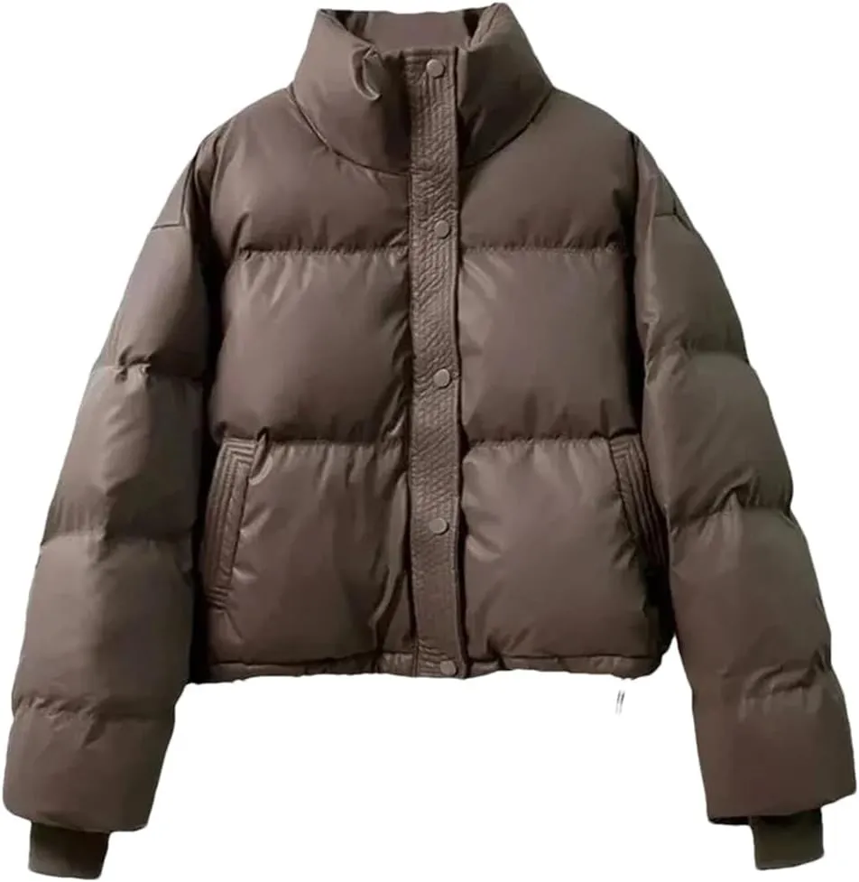 Dvbfufv Women's Winter Warm Thick Cotton Padded Parka Coat Women Loose Cropped Jacket Female Zipper PU Leather Coat Tops