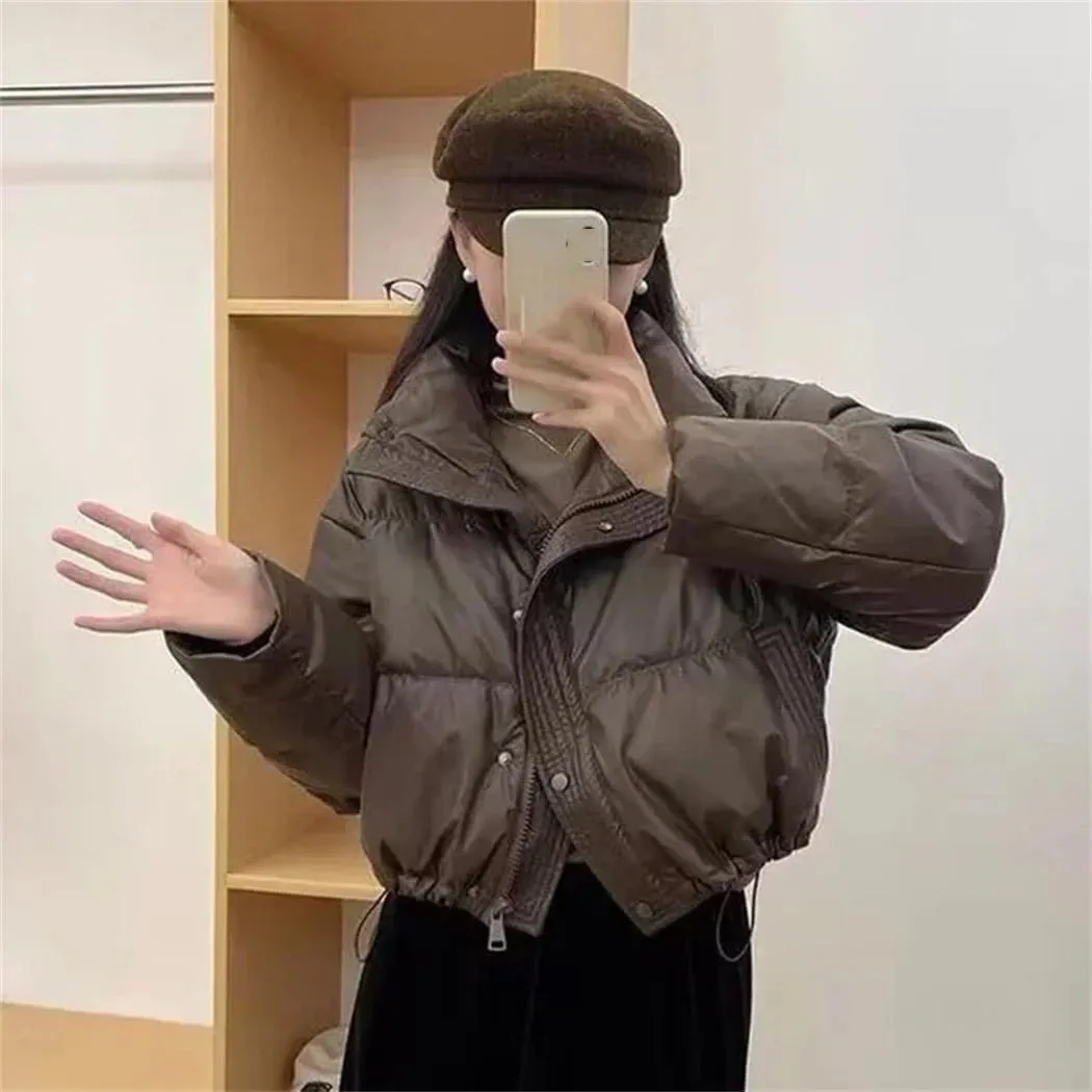 Dvbfufv Women's Winter Warm Thick Cotton Padded Parka Coat Women Loose Cropped Jacket Female Zipper PU Leather Coat Tops