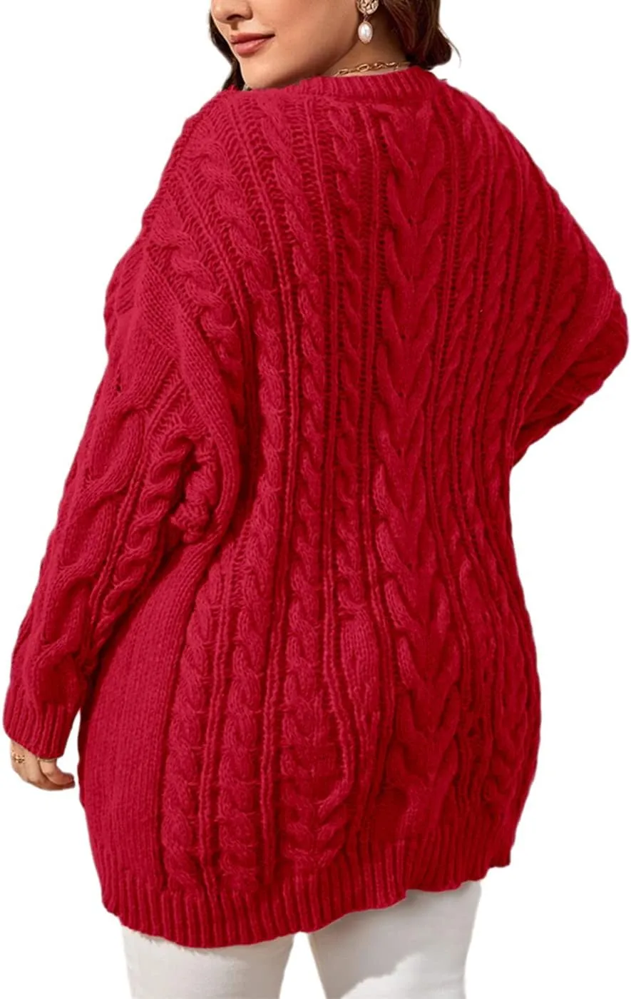Dyexces Plus Size Sweaters for Women V Neck Long Sleeve Cable Knit Sweaters Casual Fall Sweaters Soft Jumper Tops