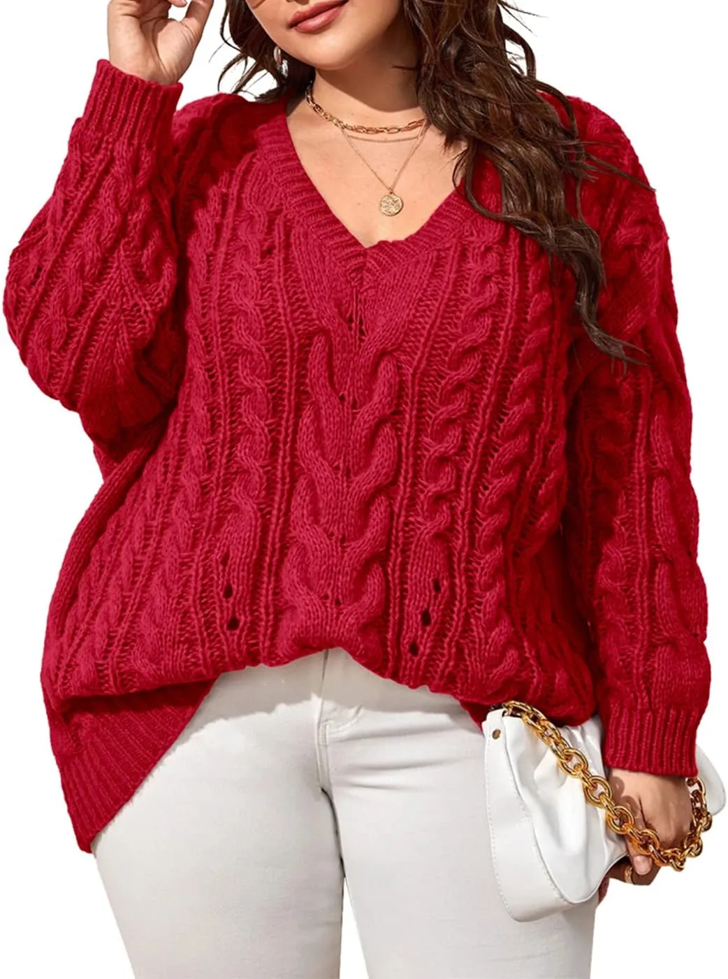Dyexces Plus Size Sweaters for Women V Neck Long Sleeve Cable Knit Sweaters Casual Fall Sweaters Soft Jumper Tops
