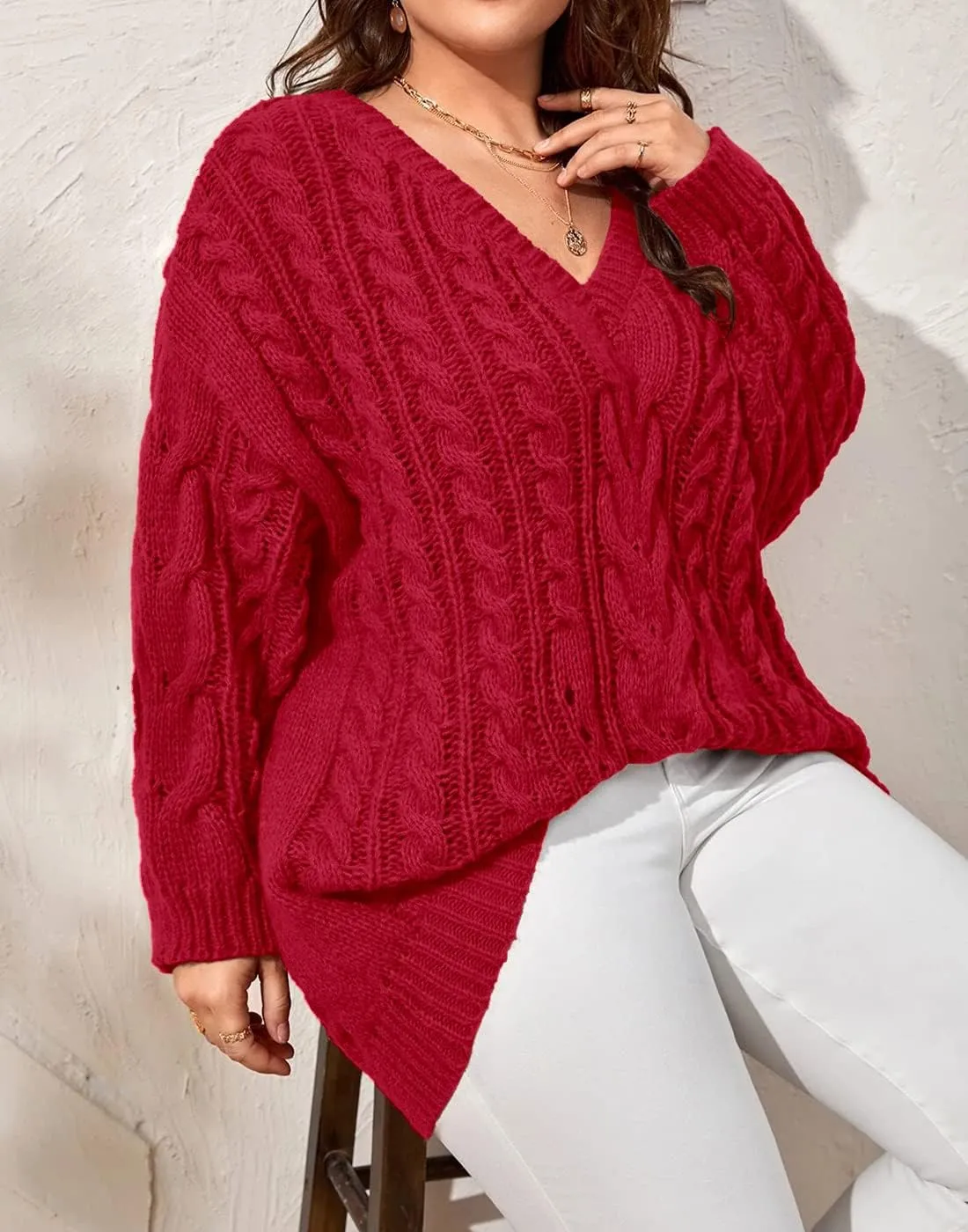 Dyexces Plus Size Sweaters for Women V Neck Long Sleeve Cable Knit Sweaters Casual Fall Sweaters Soft Jumper Tops