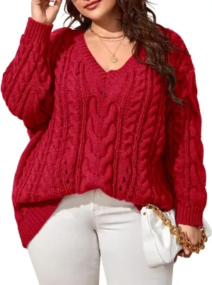 Dyexces Plus Size Sweaters for Women V Neck Long Sleeve Cable Knit Sweaters Casual Fall Sweaters Soft Jumper Tops