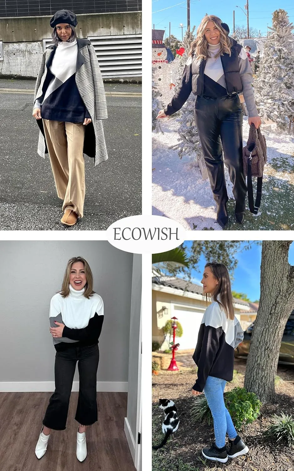 ECOWISH Women Fall Pullover Sweater Turtleneck Plaid Long Sleeve Loose Casual Chunky Checked Knit Winter Sweaters Jumper Tops
