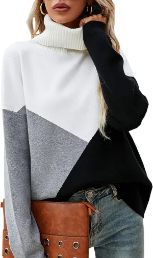 ECOWISH Women Fall Pullover Sweater Turtleneck Plaid Long Sleeve Loose Casual Chunky Checked Knit Winter Sweaters Jumper Tops