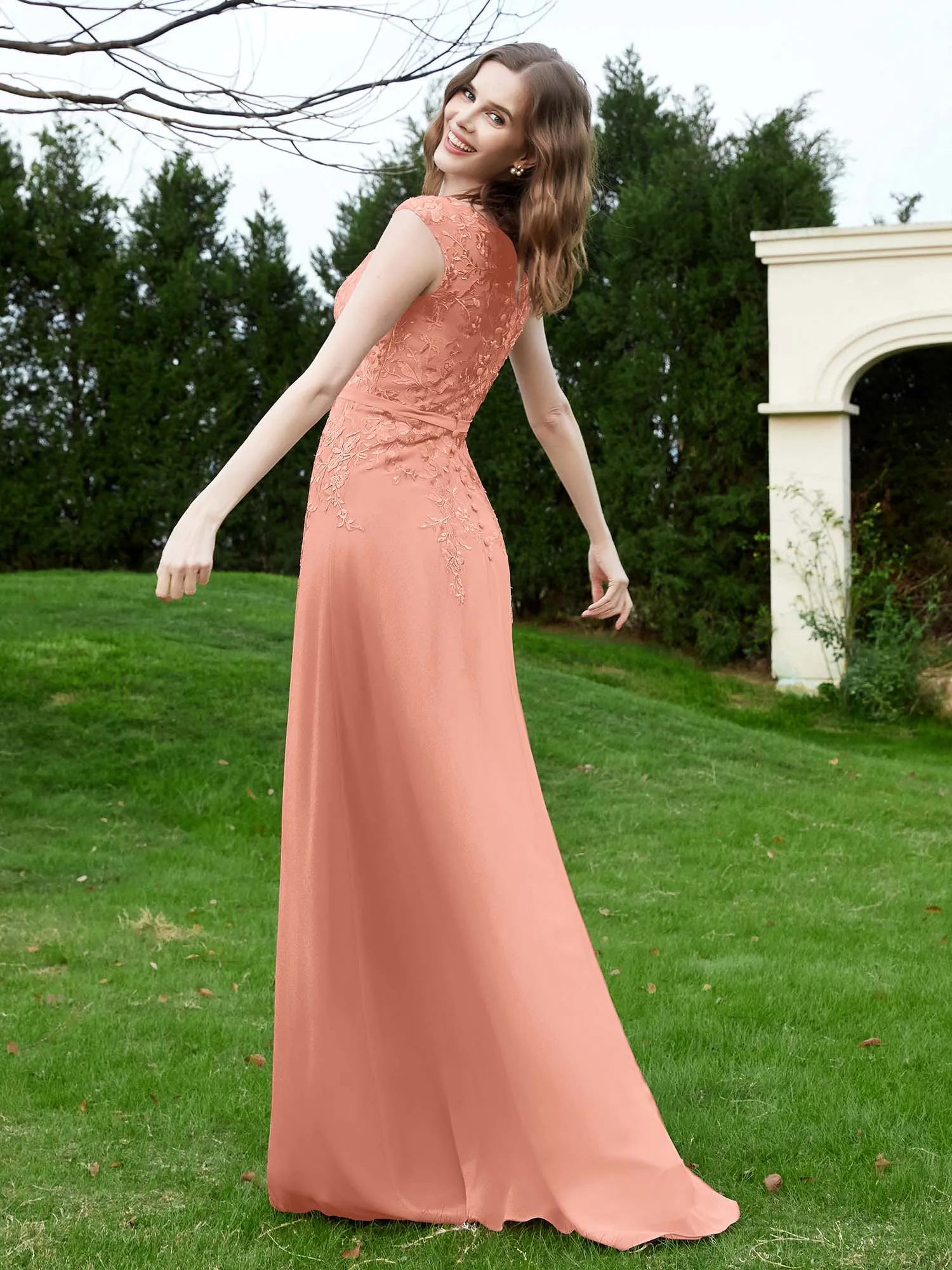 Elegant Illusion Lace Appliqued Dress With Buttons Papaya