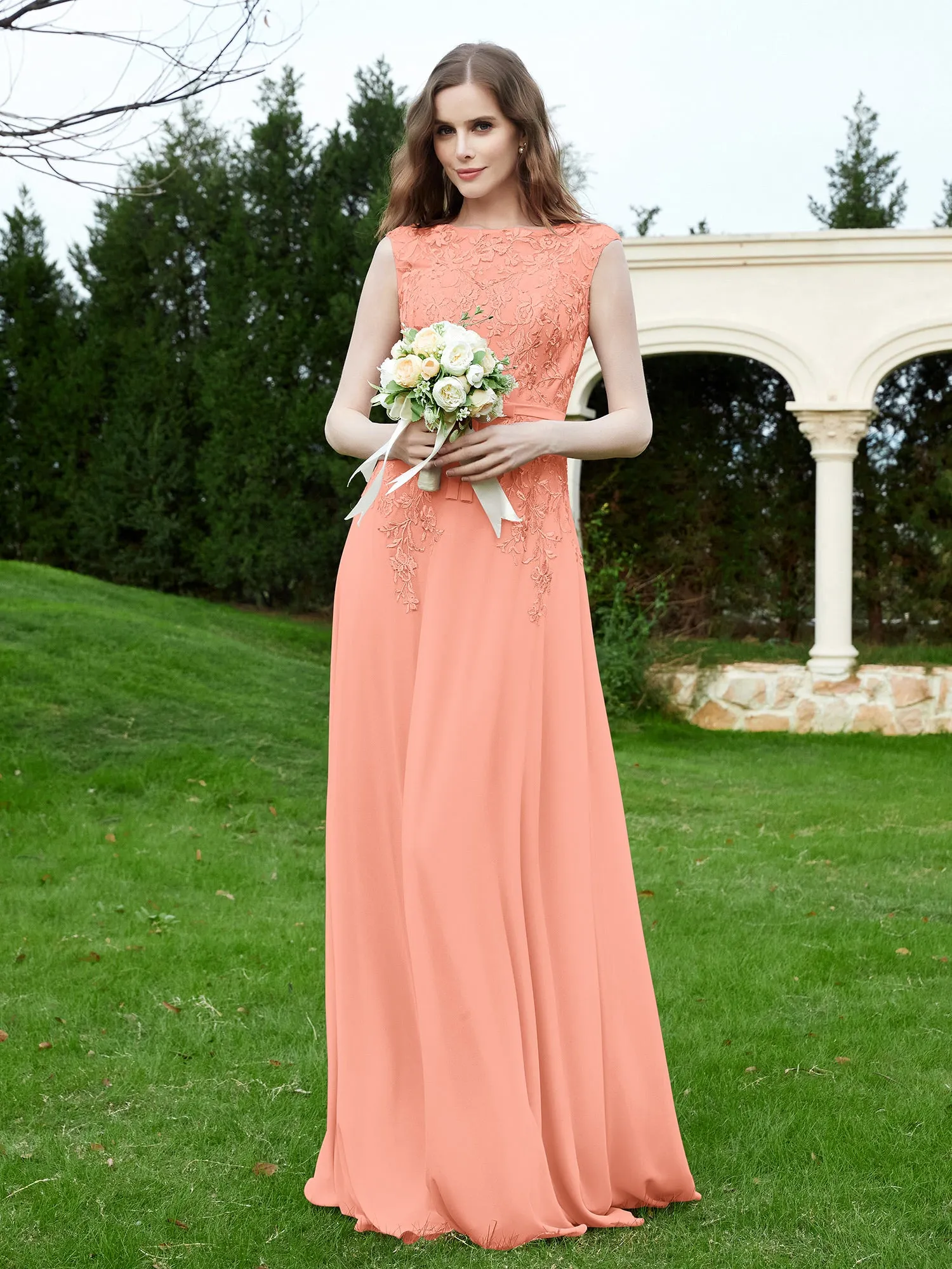 Elegant Illusion Lace Appliqued Dress With Buttons Papaya